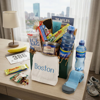 26 Miles Boston Marathon Gift Basket, a green box with an embroidered Boston towel, ice bag, PowerBar, trail mix and Propel water, on a hotel desk with running shoes and a race bib