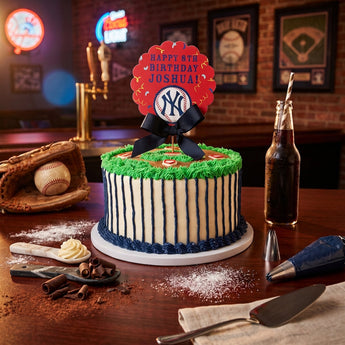 All-Star Baseball Cake with a buttercream baseball field, piped grass and pinstripe sides