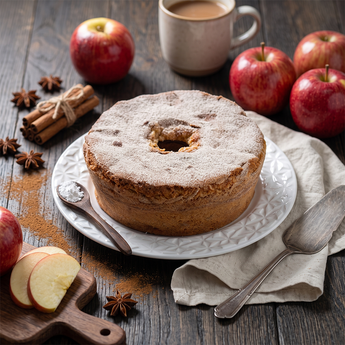 Apple Cake, a cinnamon apple tube cake dusted with powdered sugar