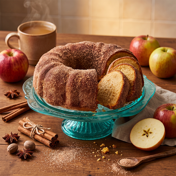 Apple Cider Donut Cake, a golden bundt cake with a cinnamon sugar coating