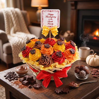 Autumn cupcake bouquet of red, orange, yellow and chocolate swirled cupcakes with chocolate maple leaves and a Happy Thanksgiving topper on a wooden pick, styled on a wood table by a fireplace