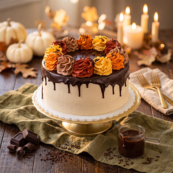 Autumn Drip Cake with chocolate ganache drip and hand piped buttercream swirls in autumn shades