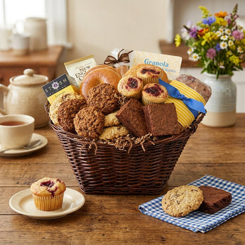 Bake Shoppe Gift Basket, a wicker basket of muffins, cookies, brownies and granola with a blue bow, on a farmhouse brunch table