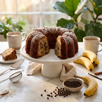 Banana Chocolate Chip Bundt Cake on a white cake stand with a slice cut, beside ripe bananas, chocolate chips and coffee mugs