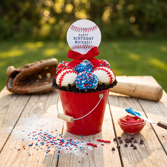 Baseball Cupcake Bouquet with seven baseball themed cupcakes arranged as a bouquet