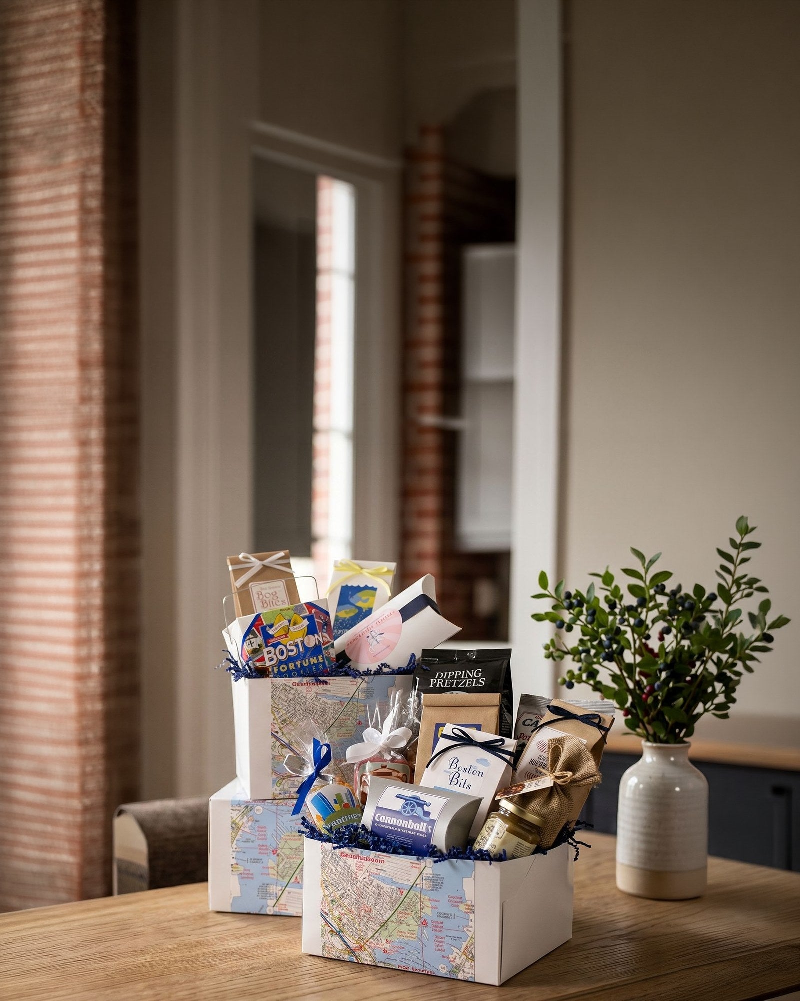 Beantown Bonanza Gift Basket with Boston favorites on a wood table