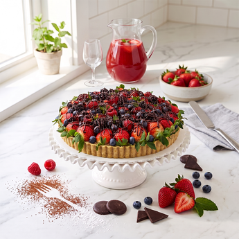 Berry Tart piled with fresh mixed berries on a white cake stand, with strawberries and blueberries on a marble counter