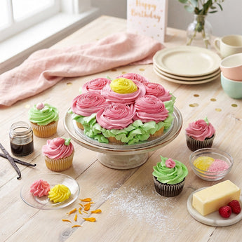 Blooming Flower Cupcake Cake of pull apart cupcakes piped in pink and green buttercream flowers, on a table with cupcakes and plates