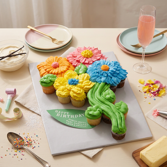 Blooming Garden Cupcake Cake of pull apart cupcakes piped as a bouquet of pink, orange, yellow and blue buttercream flowers with green stems