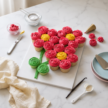 Blossom Bouquet Cupcake Cake of pull apart cupcakes piped as pink and yellow buttercream flowers with green stems, on a marble counter