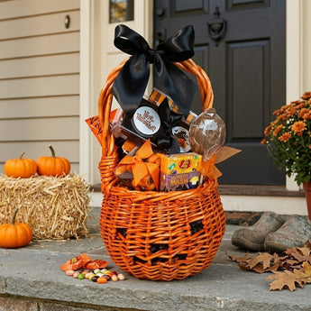 Boooo Basket, an orange willow Halloween basket with a black bow and candy, on a stone porch step