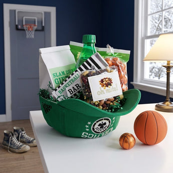 Upturned green basketball cap filled with snacks and chocolate basketballs on a teen bedroom desk