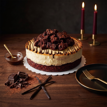 Brownie Cheesecake on a fudgy brownie crust topped with brownie pieces and chocolate drizzle, on a candlelit table