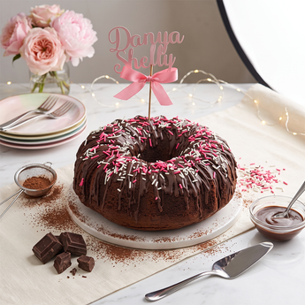 Brownie Sprinkles Cake, a chocolate bundt with chocolate glaze and pink and white sprinkles, with a personalized topper on a cake stand