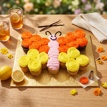 Butterfly Cupcake Cake of pull apart cupcakes with orange and yellow buttercream wings and a pink body with a smiling face