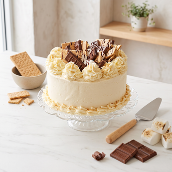 Campfire S'mores Cake with cream buttercream, piped rosettes and chocolate and graham pieces on top, beside graham crackers and marshmallows