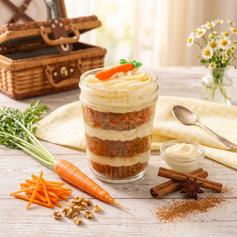 Carrot cake cupcake jar layered with spiced carrot cake and cream cheese buttercream topped with a sugar carrot