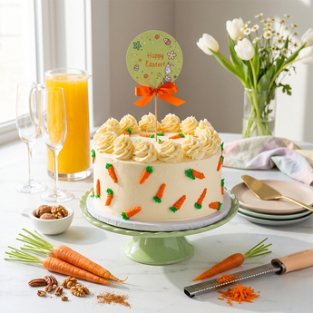 Carrot Cake with cream cheese rosettes on top and piped carrots around the sides, with a Happy Easter topper
