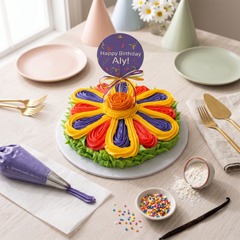 Celebration Bloom Cupcake Cake of pull apart cupcakes piped as a purple and yellow buttercream flower with a Happy Birthday topper