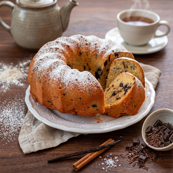 Chocolate Chip Bundt Cake dusted with powdered sugar and sliced to show the chocolate chips, on a white plate beside a teapot