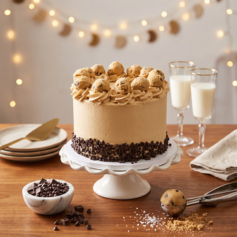 Chocolate Chip Cookie Dough Cake with cookie dough frosting, cookie dough balls on top and chocolate chips around the base