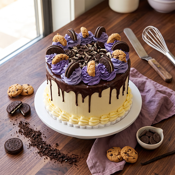 Chocolate Chip Oreo Cake with chocolate drip, purple buttercream rosettes, Oreo cookies and chocolate chip cookies on top