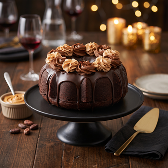 Chocolate Decorated Bundt Cake with chocolate glaze and piped frosting swirls on a cake stand