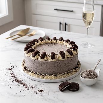 Chocolate Dipped Oreo Cake with cookies and cream frosting and a ring of chocolate-dipped Oreos