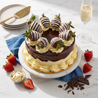 Chocolate Dipped Strawberries Cake with chocolate ganache and chocolate-dipped strawberries on top