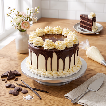 Chocolate Drip Cake with a glossy chocolate drip and piped buttercream rosettes on a cake stand