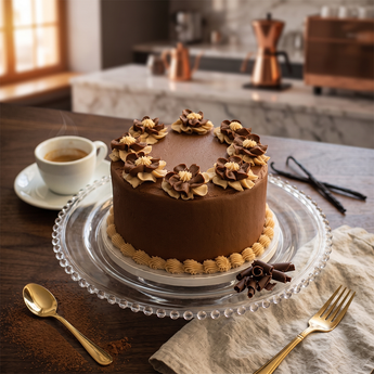 Chocolate Flowers Cake with hand-piped buttercream flowers in chocolate tones on a glass cake stand