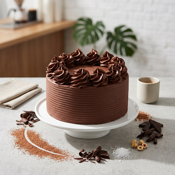 Chocolate Fudge Rosette Cake with chocolate fudge frosting and hand-piped chocolate rosettes