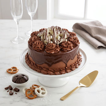 Chocolate Ganache Pretzel Cake with chocolate ganache drip, chocolate buttercream and pretzels on top