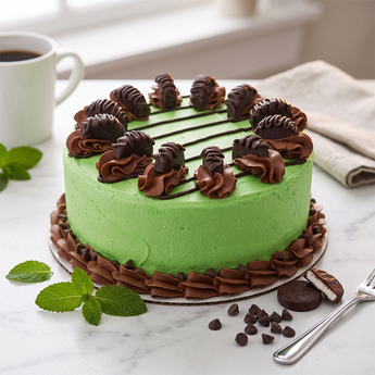 Chocolate Peppermint Patty Cake with mint green frosting and chocolate peppermint patties on top