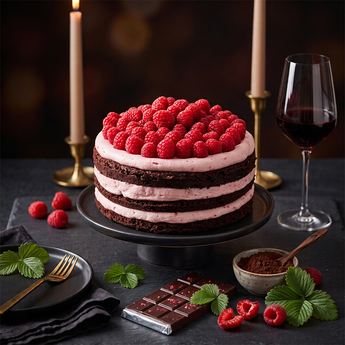 Chocolate Raspberry Cake with chocolate layers, raspberry buttercream and fresh raspberries on top