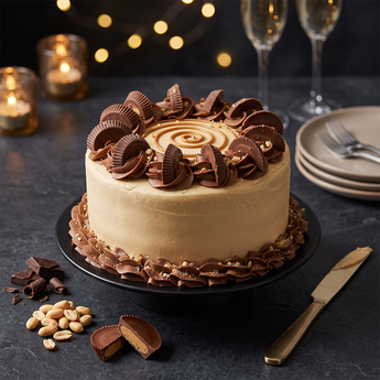 Chocolate Reese's Peanut Butter Cake with peanut butter frosting and Reese's cups around the top