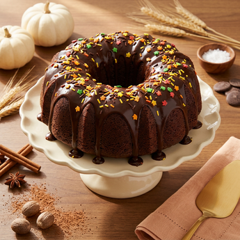 Chocolate Sprinkles Cake bundt with chocolate glaze and colorful sprinkles on a cake stand