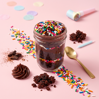 Chocolate sprinkles cupcake jar with layers of chocolate cake, chocolate buttercream and sprinkles