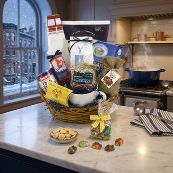 Chowdahead Boston gift basket with chowder mug and New England treats on a brownstone kitchen counter