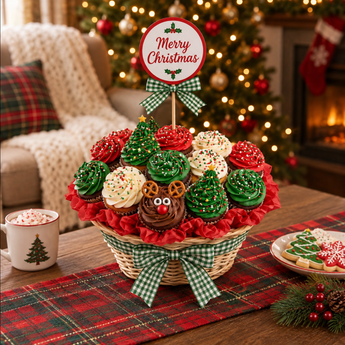 Christmas Basket Cupcake Bouquet of 19 cupcakes domed in a wicker basket, red, green and white buttercream swirls with holiday sprinkles, Christmas tree cupcakes and a pretzel antler reindeer, a red ruffle, green gingham bow and Merry Christmas topper, in front of a lit Christmas tree
