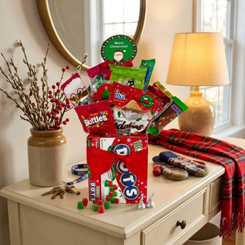 Christmas candy bouquet with a Santa pick and red bow wrapped base on a cream entry console