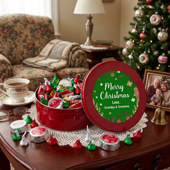 Personalized Christmas candy tin of foil wrapped chocolates with a Merry Christmas lid on a living room side table