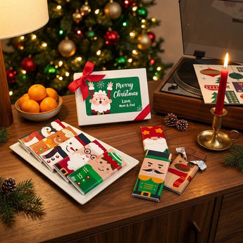 Personalized Christmas characters candy bar gift box with eight character chocolate bars on a walnut sideboard by the tree