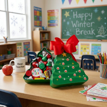 Green Christmas tree shaped box of milk chocolate holiday candy with a red bow on a teacher's desk before winter break