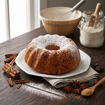 Cinnamon Roll Bundt Cake dusted with sugar beside cinnamon sticks and baking tools