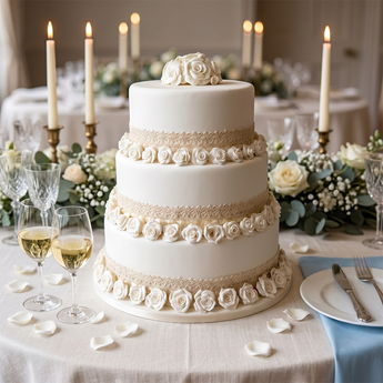Classic Rose Wedding Cake, three tiers in white fondant with handcrafted white roses at a reception table