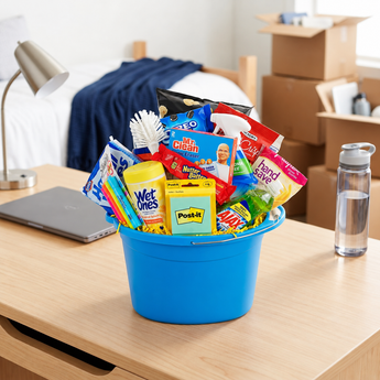College Clean-up Bucket, a blue bucket of cleaning supplies and snacks, on a dorm room desk