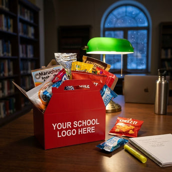 College survival kit snack box with school logo placeholder on a library study table during finals