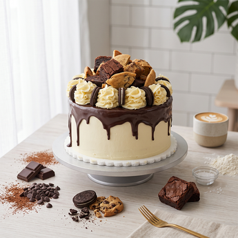 Cookies & Brownies Cake with a chocolate drip, cream rosettes, cookies and brownies piled on top