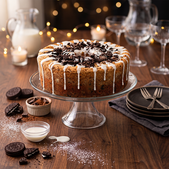 Cookies & Cream Cake with white glaze and chocolate cookie crumbles on a glass cake stand